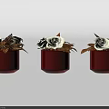 Three Red Potted Plants With White Roses And Brown Leaves On White Background