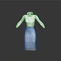 White Polka Dot High Neck Long Sleeve Blouse With Dark Fringe Skirt Women's Fashion