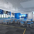 School Learning Space With Blue White Tables Stools Bookshelves And Bright Windows 3d model