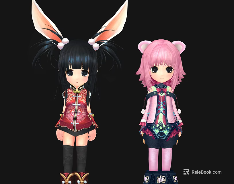 Anime Game Characters Black Hair Bunny Ears Pink Hair Cat Ears Traditional Costumes 3d model 