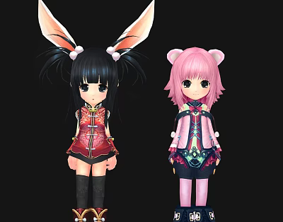 Anime Game Characters Black Hair Bunny Ears Pink Hair Cat Ears Traditional Costumes 3d model