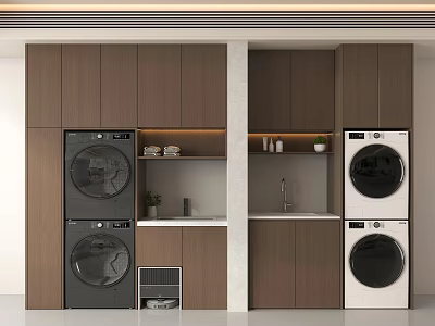 Modern Laundry Room Design With Stacked Black And White Washing Machines And Wooden Cabinetry 3d model