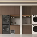 Modern Laundry Room Design With Stacked Black And White Washing Machines And Wooden Cabinetry