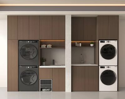 Modern Laundry Room Design With Stacked Black And White Washing Machines And Wooden Cabinetry 3d model
