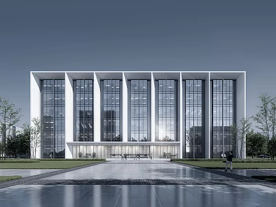 Modern Office Building With Glass Curtain Walls Spacious Entrance Plaza And Landscaped Area 3d model