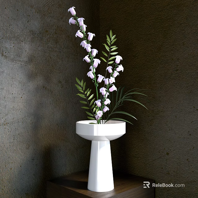 Decorative Ornament Set With White Flowers Green Leaves White Hexagonal Base Vase Against Dark Wall 3d model 
