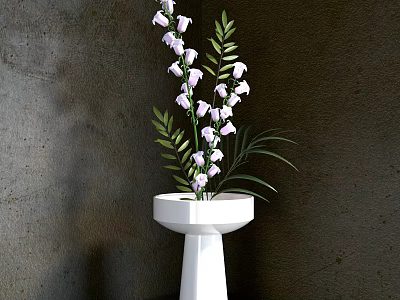 Decorative Ornament Set With White Flowers Green Leaves White Hexagonal Base Vase Against Dark Wall 3d model