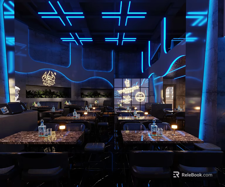 Modern Bar Interior With Blue Neon Lighting Marble Tabletop Tables Comfortable Seats And Decorative Wall 3d model 