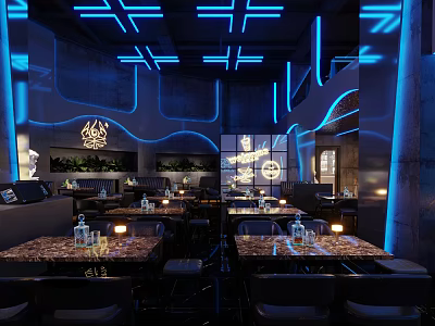 Modern Bar Interior With Blue Neon Lighting Marble Tabletop Tables Comfortable Seats And Decorative Wall 3d model