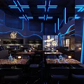 Modern Bar Interior With Blue Neon Lighting Marble Tabletop Tables Comfortable Seats And Decorative Wall