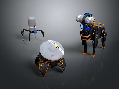 Three Robotic Creatures Featuring Spider Like Dog Shaped And Circular Legged Mechanical Designs 3d model