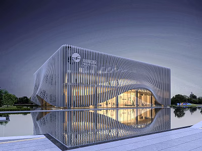 Illuminated Modern Sales Office Building With Unique Facade And Water Reflection Surrounded By Greenery 3d model