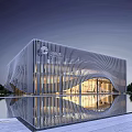 Illuminated Modern Sales Office Building With Unique Facade And Water Reflection Surrounded By Greenery 3d model