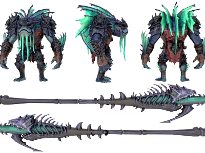 Game Movie Character Armored Monster With Green Glowing Elements And Skeletal Weapon 3d model