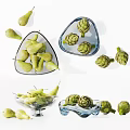 Decorative Ceramic Vessels Displaying Fresh Pears And Artichokes On White Background