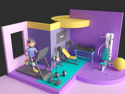 Cartoon Fitness Studio Scene Featuring Character On Treadmill Dumbbells Bench And Exercise Ball 3d model