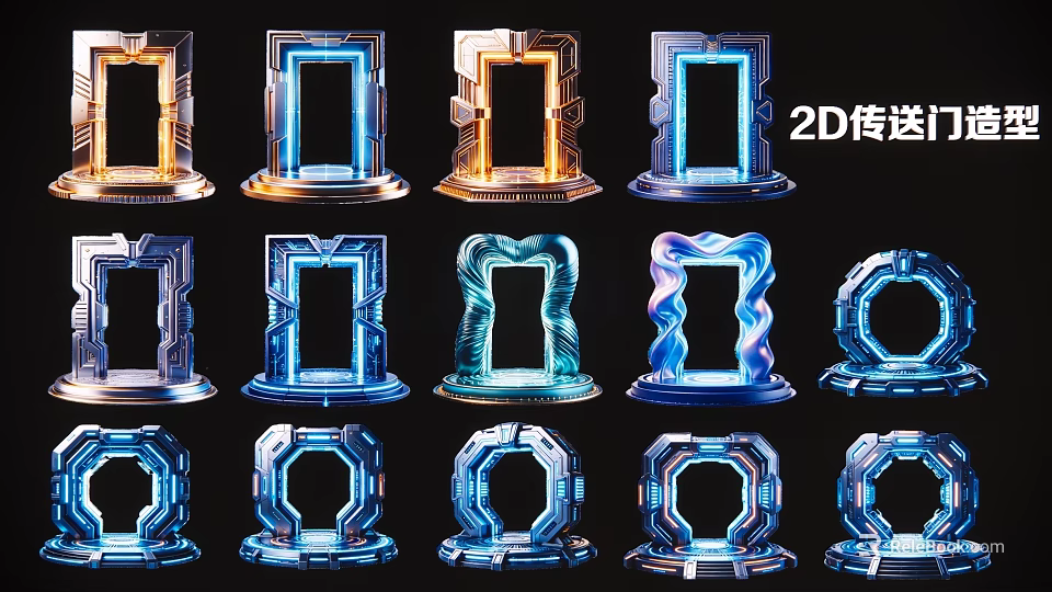 2D Portal Pendants with Glowing Frames and Various Geometric Decorative Hanging Accessories 3d model 