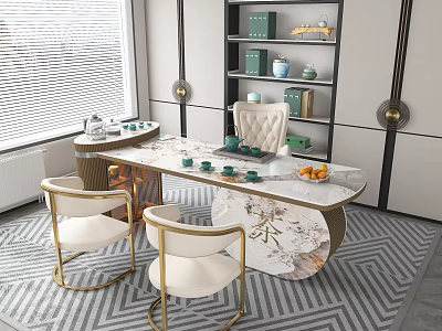 Elegant Tea Table And Chairs Set With Marble Top Golden Legs In Modern Interior 3d model