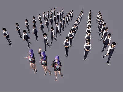 Group of People in School Uniforms Arranged in Formation With Front Individuals in Colorful Outfits 3d model