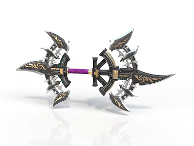 Ornate Fantasy Weapon Featuring Decorative Spikes Black Gold Purple Accents and Intricate Patterns 3d model