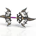 Ornate Fantasy Weapon Featuring Decorative Spikes Black Gold Purple Accents and Intricate Patterns