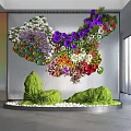 Art Installation With Colorful Flowers Green Sculptural Elements And White Pebbles In Modern Space