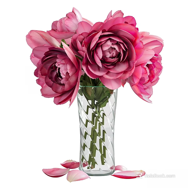 Decorative Ornament Set with Pink Peony Flowers in Transparent Zigzag Pattern Vase 3d model 