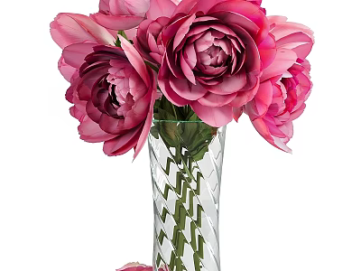 Decorative Ornament Set with Pink Peony Flowers in Transparent Zigzag Pattern Vase 3d model