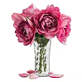 Decorative Ornament Set with Pink Peony Flowers in Transparent Zigzag Pattern Vase