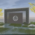 Brick Garden Wall With Lattice Design Circular Ornament Yellow Trees And Water Reflection