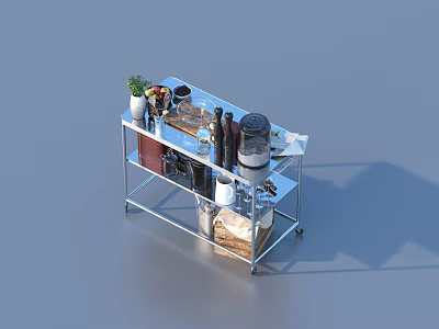Multi Tier Metal Rolling Cart With Household Items Plant Fruits And Kitchen Utensils 3d model