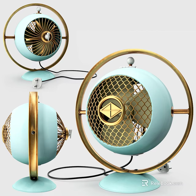 Vintage Air Cooler Fan With Light Blue Body Gold Accents And Circular Mesh Design 3d model 