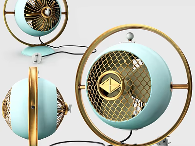 Vintage Air Cooler Fan With Light Blue Body Gold Accents And Circular Mesh Design 3d model