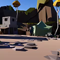 Cartoon Style Scenic Landscape With Rocky Hills Trees And Small Houses