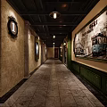 Vintage Elevator Hallway Design With Staircase Lighting Decorative Paintings And Tile Flooring