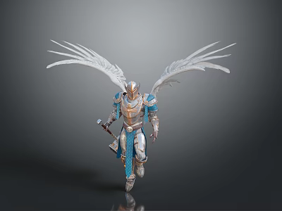 Angelic Armored Warrior Sculpture Holding Weapon With Large White Wings And Blue Accents 3d model