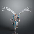 Angelic Armored Warrior Sculpture Holding Weapon With Large White Wings And Blue Accents