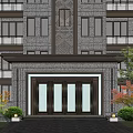 Chinese Style Entrance Gate Of Multi Story Building With Stone Cladding And Greenery