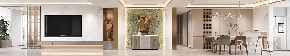 Elegant Modern Dining Room Interior With Marble Wall Golden Decor And Geometric Mirror 3d model 