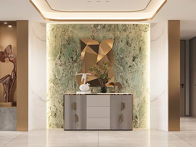 Elegant Modern Dining Room Interior With Marble Wall Golden Decor And Geometric Mirror 3d model