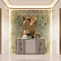 Elegant Modern Dining Room Interior With Marble Wall Golden Decor And Geometric Mirror