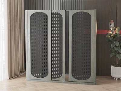 Modern Grey Three Panel Perforated Decorative Cabinet With Wooden Wall And Potted Plant 3d model