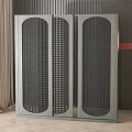 Modern Grey Three Panel Perforated Decorative Cabinet With Wooden Wall And Potted Plant