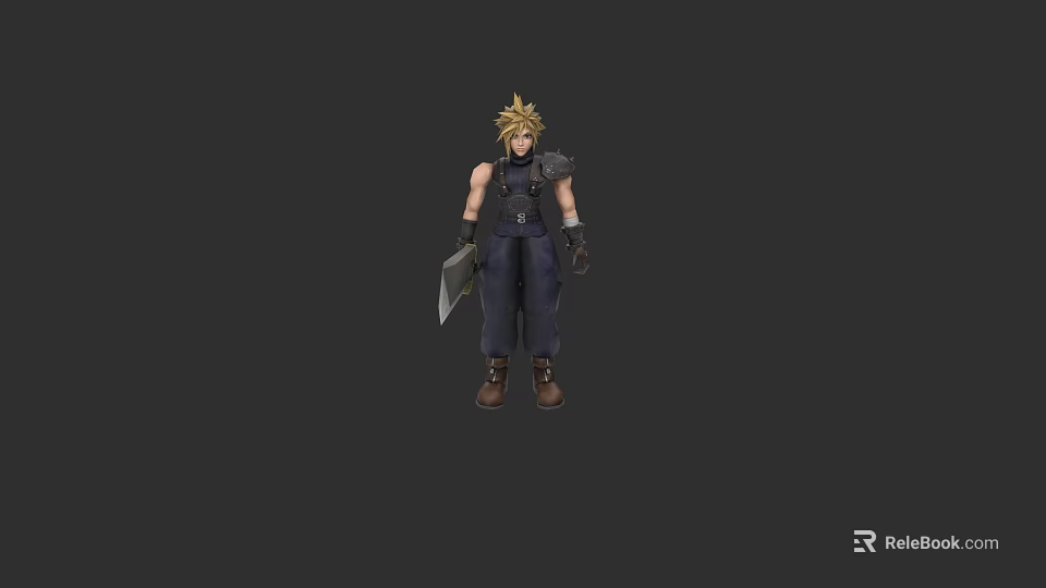 Blonde Spiky Haired Game Character In Dark Outfit With Large Sword And Armor 3d model 