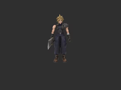 Blonde Spiky Haired Game Character In Dark Outfit With Large Sword And Armor 3d model