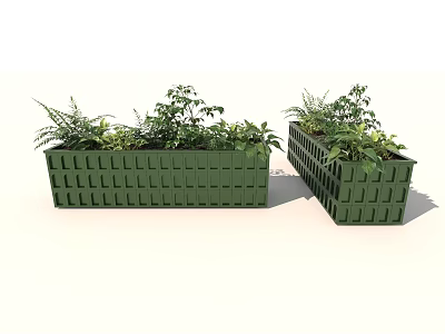 Green Rectangular Plastic Planters With Ferns And Various Greenery Plants 3d model
