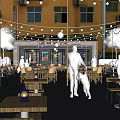 Commercial Outdoor Dining Area With String Lights Wooden Tables And People Enjoying
