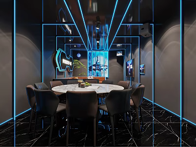 Modern KTV Room Interior With Blue Neon Lights Mirrored Walls Round Table And Chairs 3d model