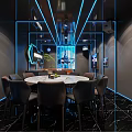 Modern KTV Room Interior With Blue Neon Lights Mirrored Walls Round Table And Chairs