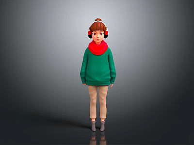 Cartoon Character With Green Sweater Red Scarf And Headphones On Gray Background 3d model